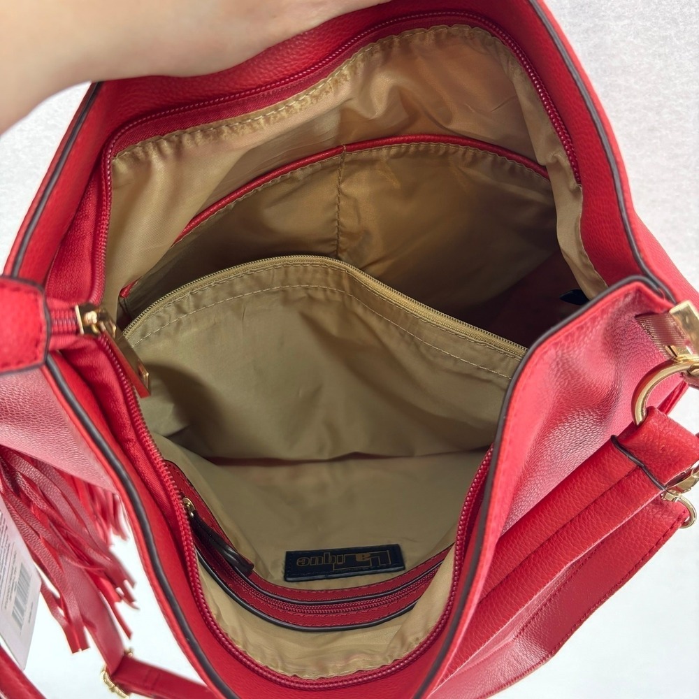 LaTique Red Studded Fringe Hobo Bag Vegan Leather Boho Western Festival Cowgirl - Picture 8 of 13